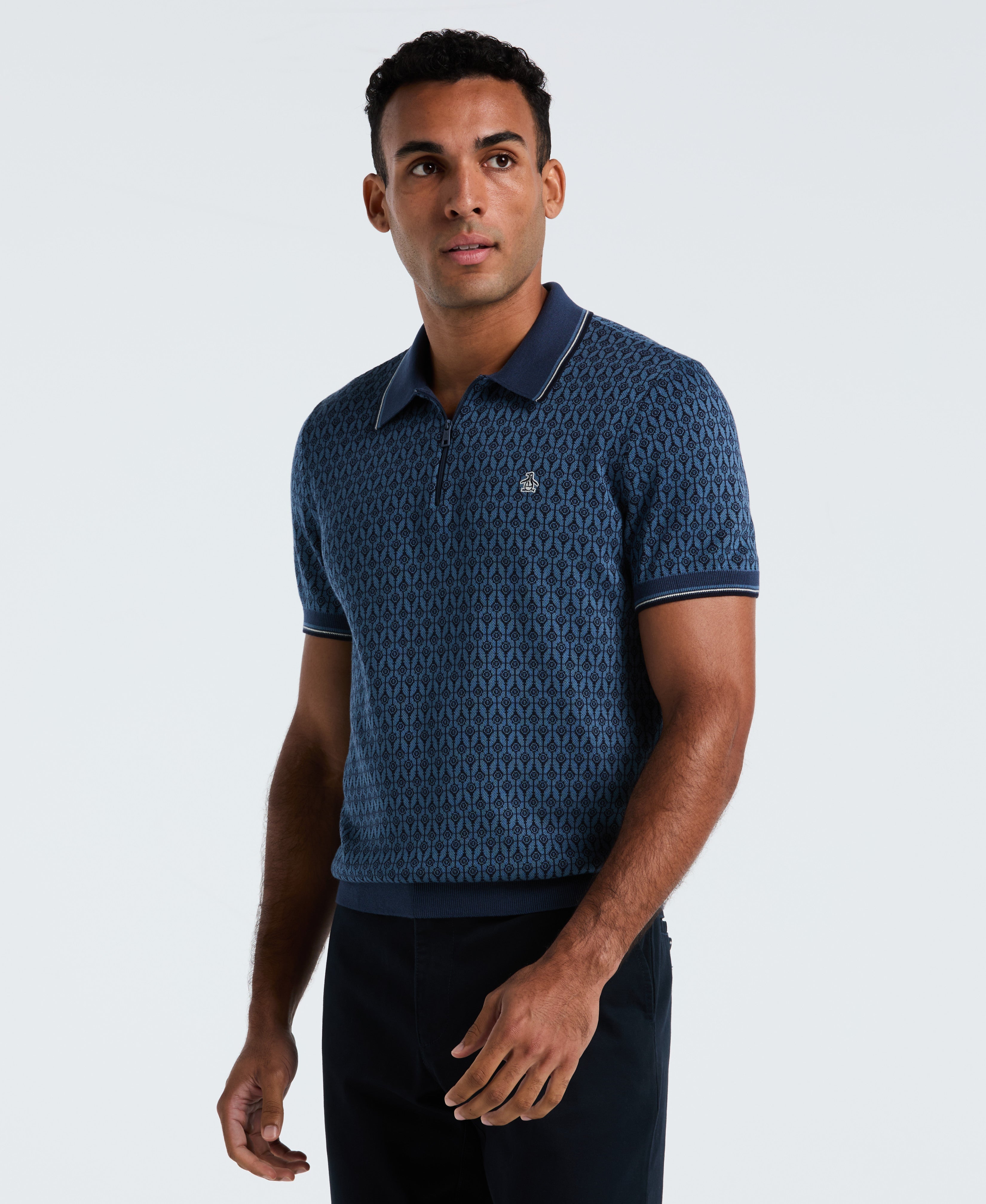 Quarter Zip Geo Jacquard Sweater Polo